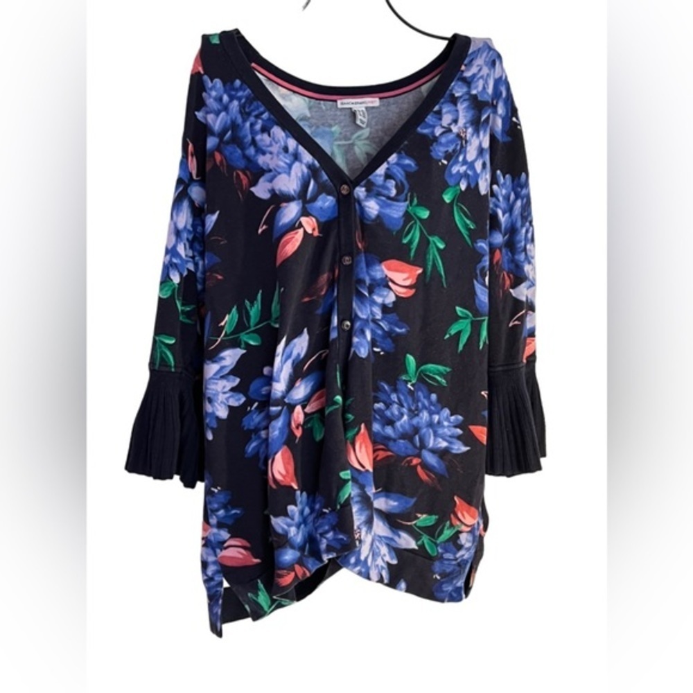 Isaac Mizrahi Button Front Floral Print Bell Sleeve Floral Cardigan Navy 2X